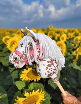 Hobby Horse Mały koń na kiju Premium - tarantowaty biało-brązowy z białą grzywą A4 Super Hobby Horse