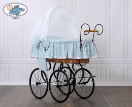 Kosz Mojżesza Retro Jasmine - Naturalny + niebiesko-biała pościel z białą koronką My Sweet Baby Luxury